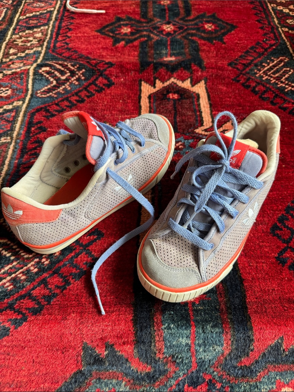 Adidas Originals Suede Low-Top Sneakers in Light Blue & Coral Accents